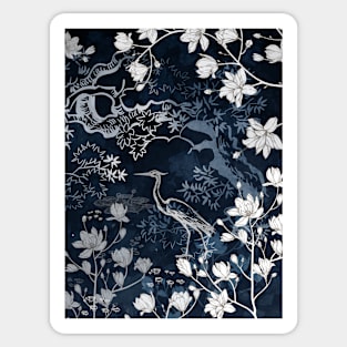 Heron bird on dark background with magnolia e sakura tree Sticker